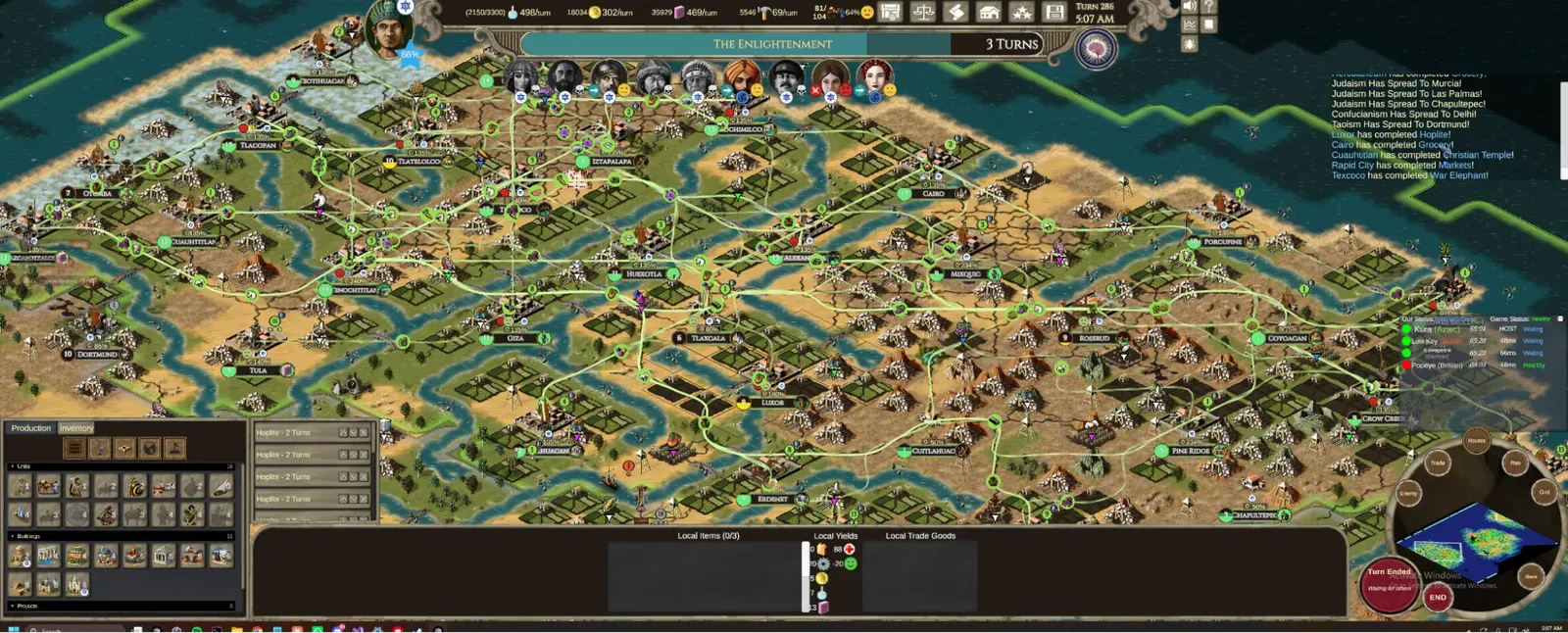 A mid-game empire with every trade route shown
