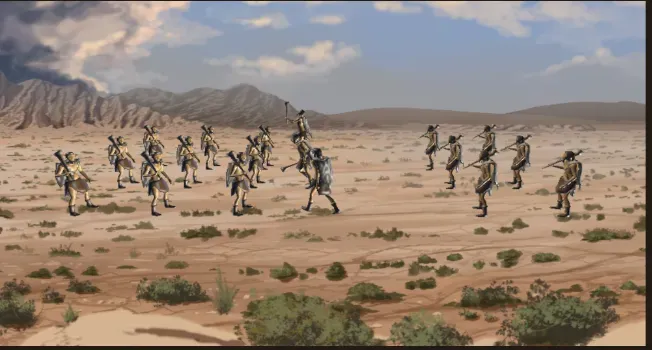 Archers and spearmen clashing on a desert battlefield