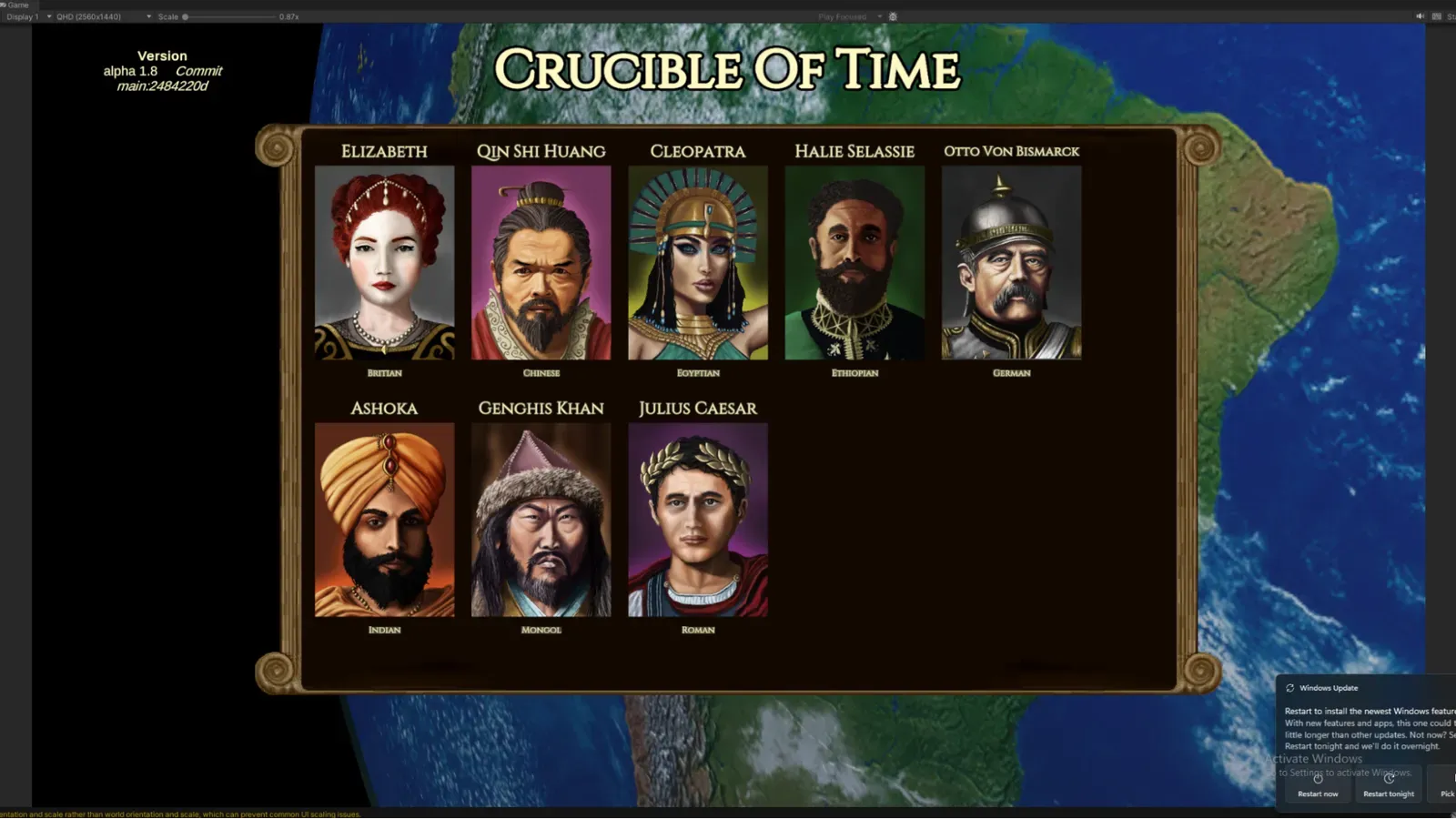 The leader select screen: Elizabeth, Qin Shi Huang, Cleopatra, Haile Selassie, Otto von Bismarck, Ashoka, Genghis Khan and Julius Caesar