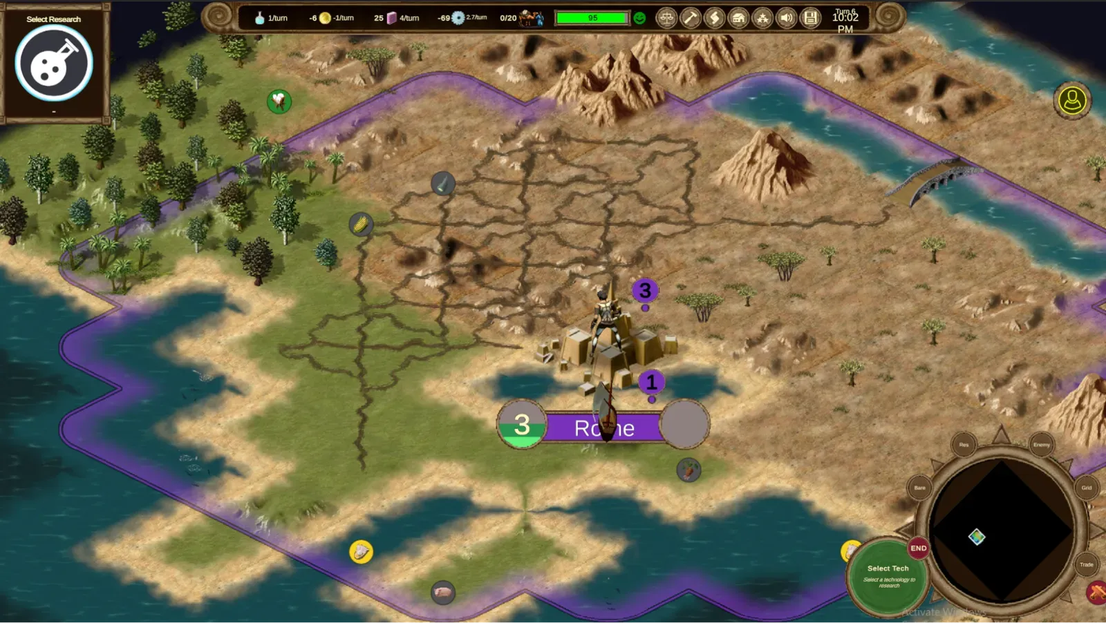 A generated map with mountain ranges, wide rivers, roads and bridges
