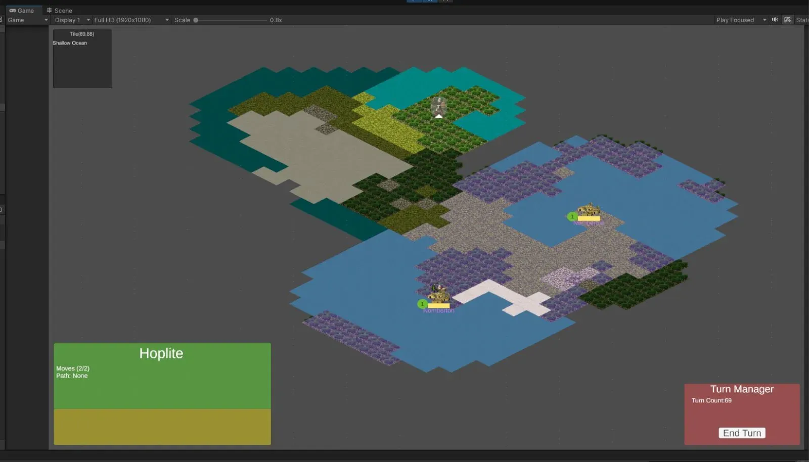 The first prototype: a square-grid map drawn with borrowed Civilization 2 mod art